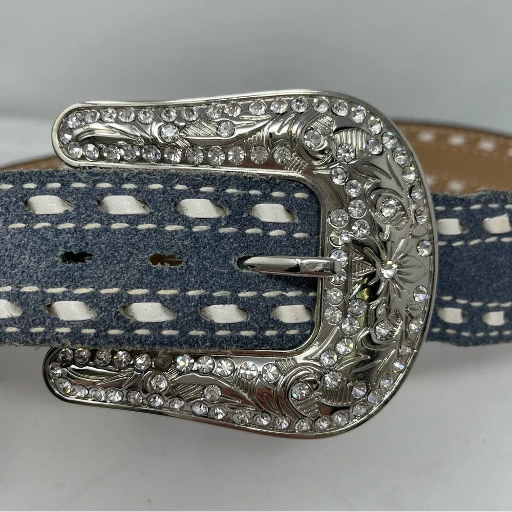 Justin Denim & leather belt with Rhinestone buckle M - Picture 3 of 11